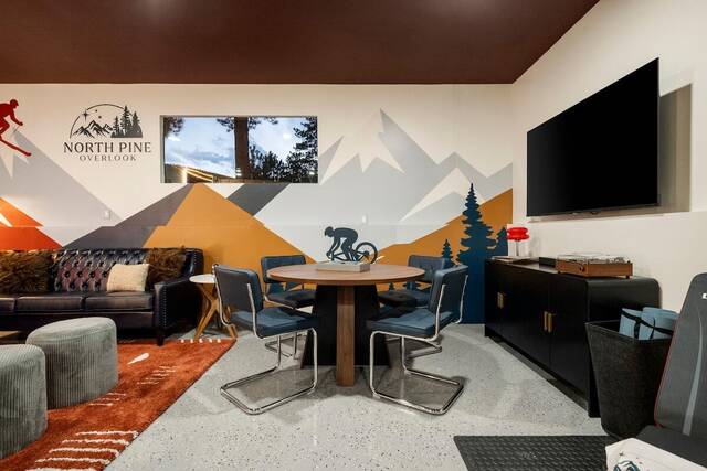 The lounge table and mural wall