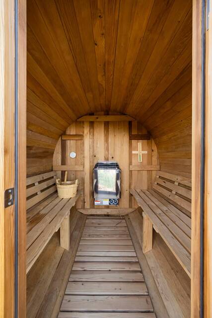Inside the cedar barrel sauna